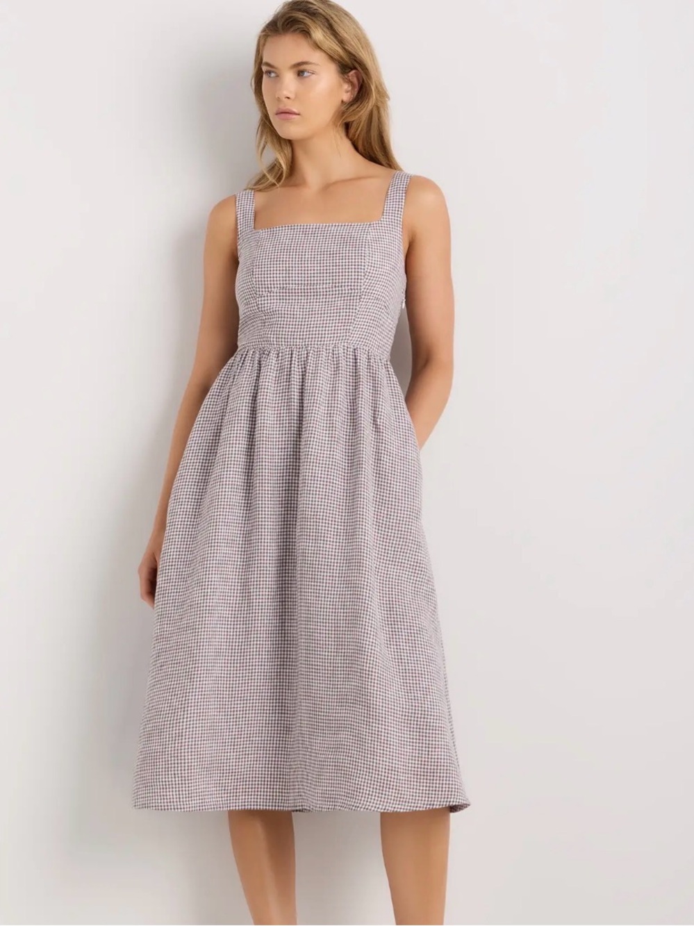 QUINCE 100% European Linen Fit & Flare Midi Dress Taupe Brown Gingham Large